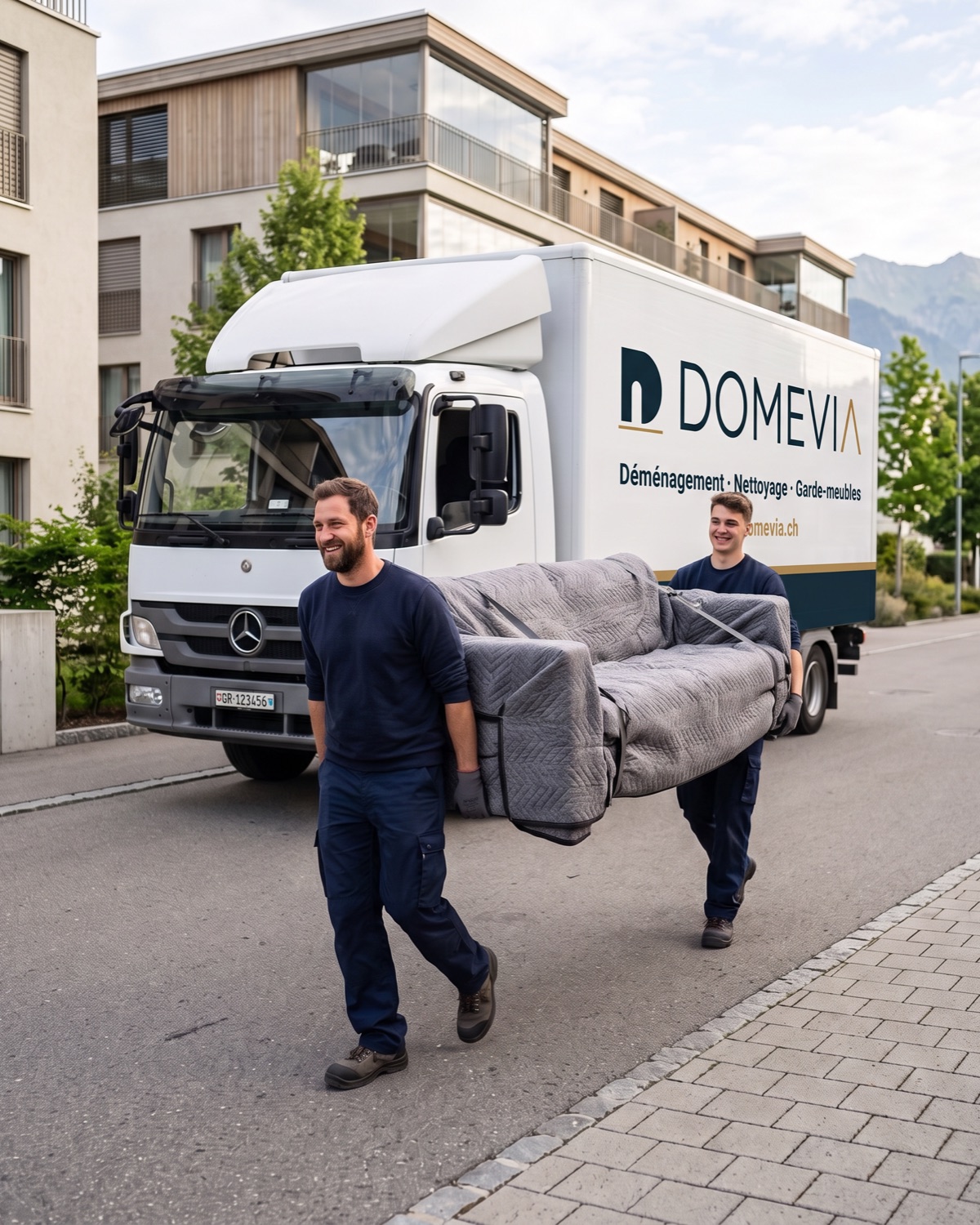 Deux déménageurs souriants en tenue bleu marine portent un canapé emballé dans des couvertures vers un camion, devant un immeuble moderne.