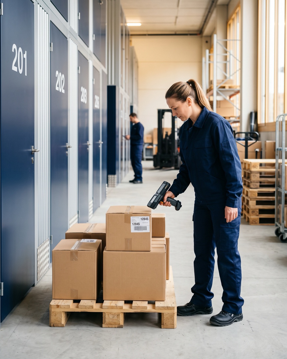 Allée d'entrepôt avec des box fermés et numérotés ; un employé scanne un carton étiqueté.