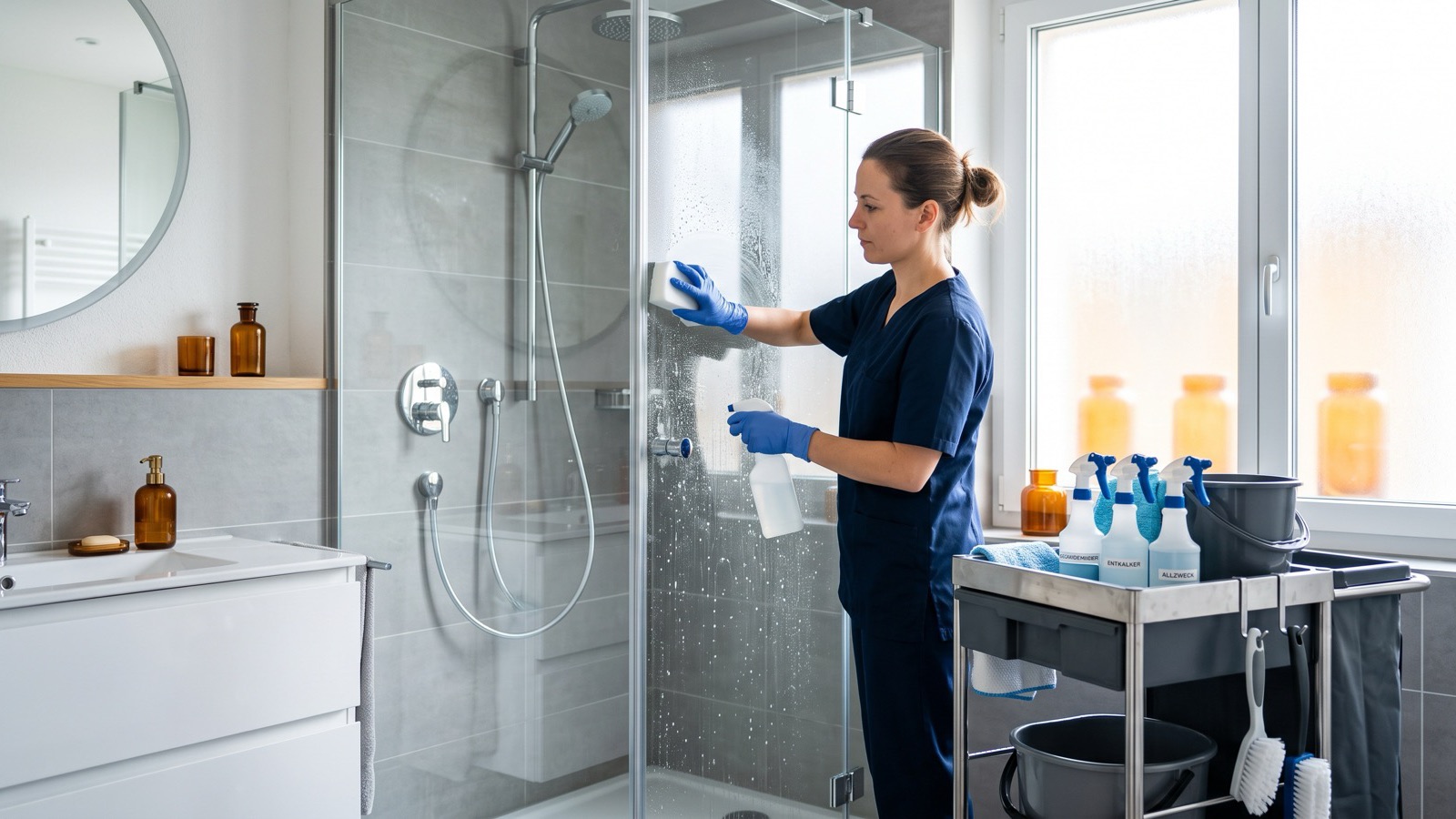 Une professionnelle du nettoyage détartre une paroi de douche dans une salle de bains moderne.