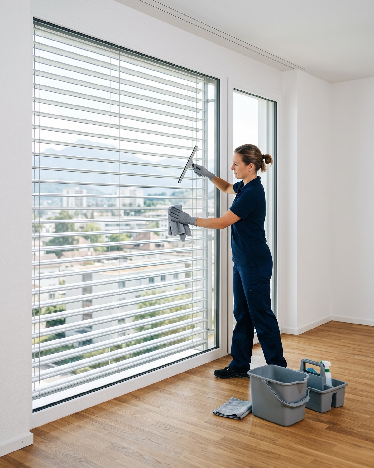 Une professionnelle nettoie une grande fenêtre et les lamelles des stores extérieurs d'un appartement vide.