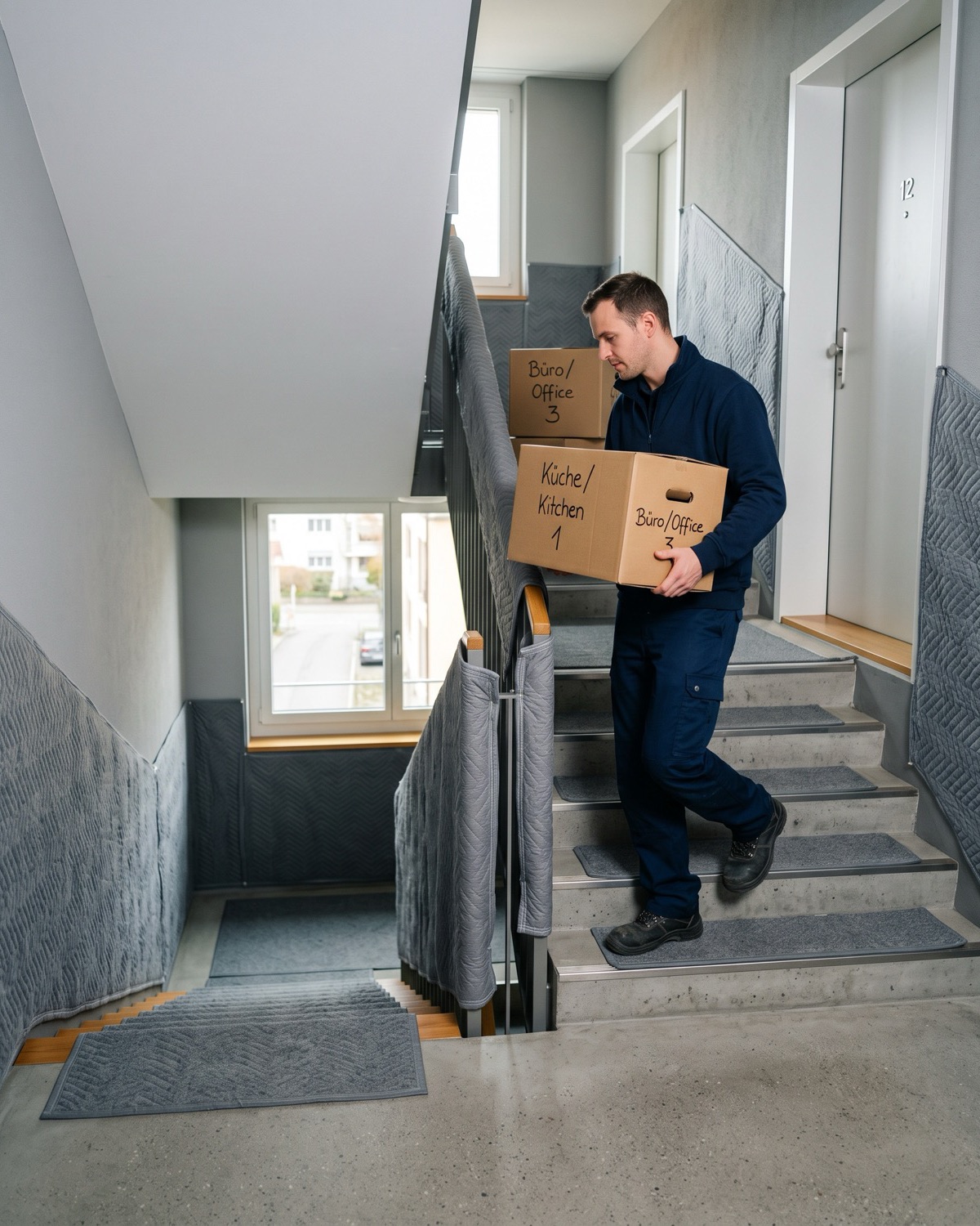 Un déménageur descend des cartons étiquetés dans l'escalier d'un immeuble, murs et rampe protégés.